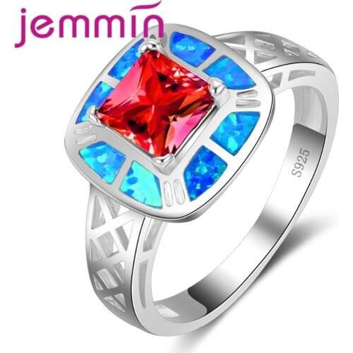 Classic Vintage Square Ring Sparking Red Blue Crystal Opal Band 925 Sterling Silver Jewelry Women Fahsion Hollow Bijoux