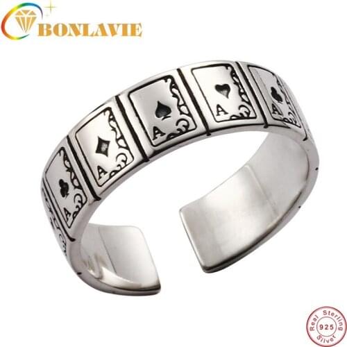 BONLAVIE Playing Card Spades Ace Ring S925 Sterling Silver Retro Open Single Ring 2021