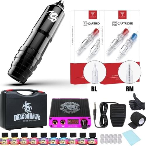 Compelte Tattoo Kit Motor Pen Machine Gun Power Supply Cartridge Needles with Carrier Box