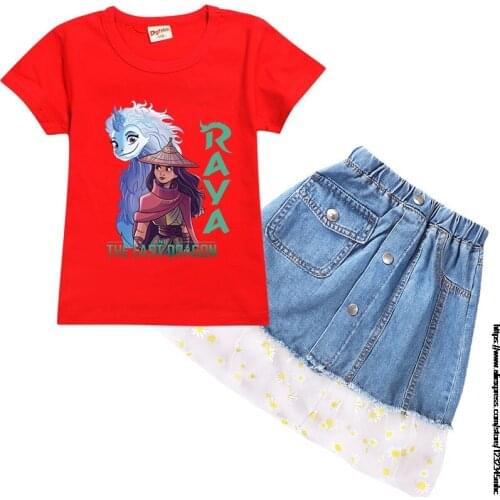 Raya and The Last Dragon Baby Girls Clothes Sets Fashion Cartoon Girls Tops + Denim Skirt 2 Sets Sweet Outfit Child Clothes Suit