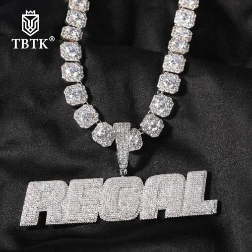 TBTK Custom Initial Letter Pendant Full Iced Out Bling Cubic Zirconia With 12mm Baguette Chain Necklace Hiphop Jewelry