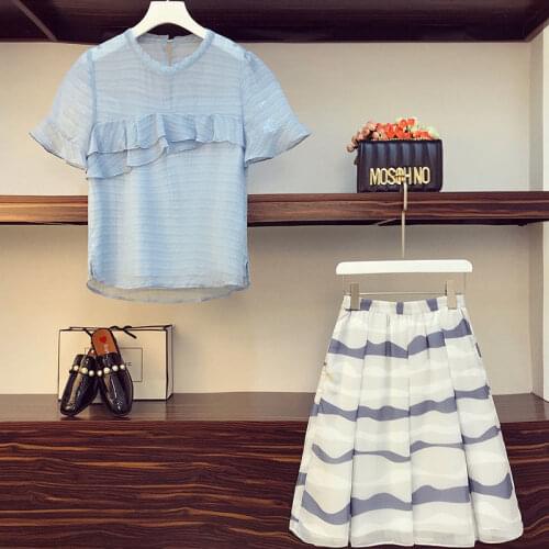 Summer 2 pieces suits ruffles chiffon shirt women tops + pleated skirts set Women two piece set tracksuit