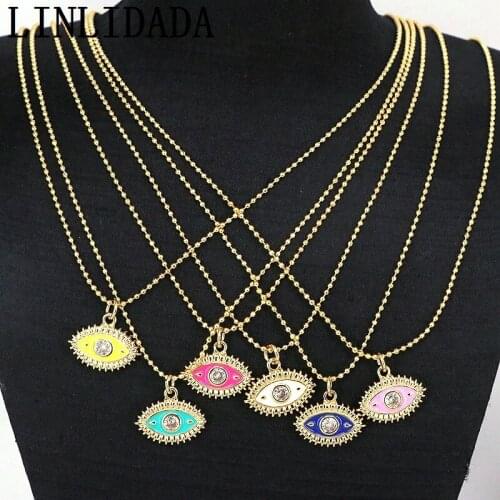 10Pcs Wholesale Trendy Gold Plated Enamel Micro Zircon Eyes Shape Pendant Charm Necklace