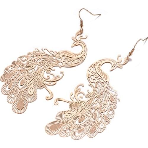 Fashion Stainless Steel Animal Peacock Earrings Jewelry Rose Gold CZ Crystal Dangle Earrings For Women Girls E19237