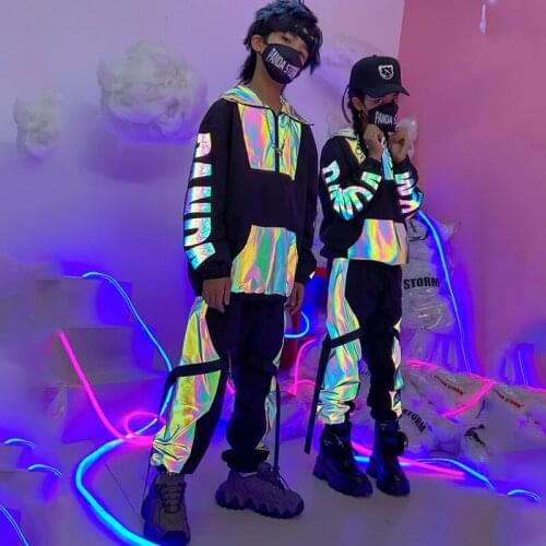 Fashion ChildrenS Reflective Jazz Costumes Boys Hooded Long Sleeve Jacket Hiphop Suit Girls Hip-Hop Dancing Clothes DN6910