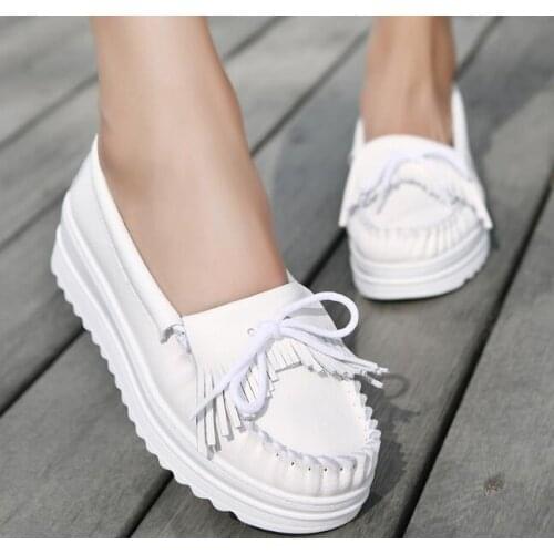 Fashion Flat Platform Bowknot Women Autumn Moccasins Slip On Tassels Genuine Leather Casual Loafers Comfortable Shoes Female