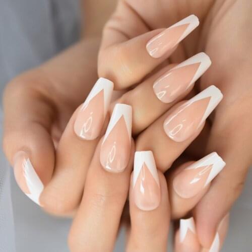 Salon French Nails Tips French Manciure Fancy Fake Nails Detachable False Press On Nail With Designs V Cut 24 Units