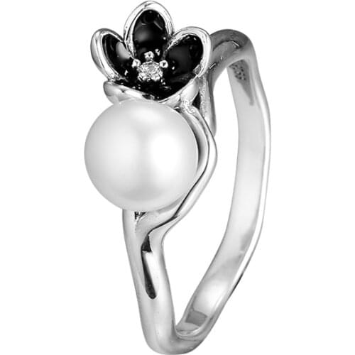 New Floral Rings for Women with Freshwater Cultured Pearl and Black Enamel 100% 925 Sterling Silver Jewelry Free Shipping