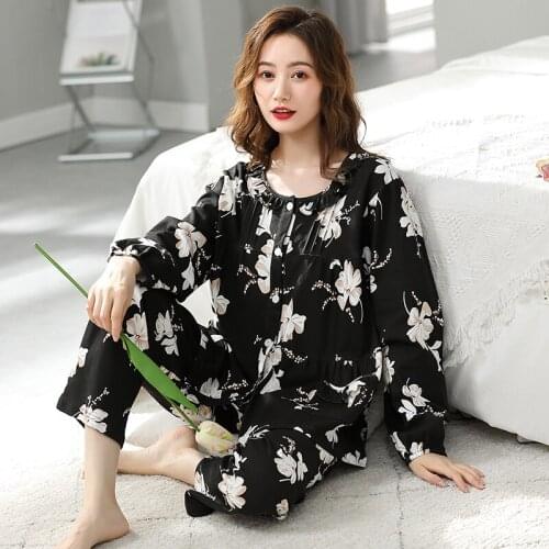 New Spring Cotton Women Pajamas Set Floral Long Sleeve Casual Soft Girls Nightwear Loose Soft Plus Size 3XL Female Sleepwear