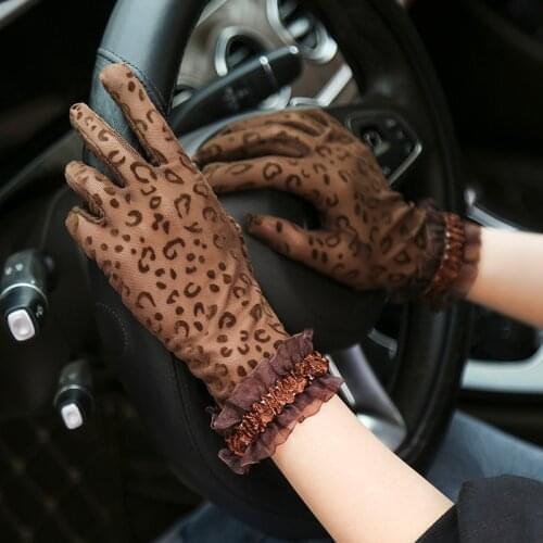 Hot Sale Summer Gloves Women Sexy Lace Transparent Driving Anti UV Sunscreen Full Finger Lady Gloves Leopard Print Women Gloves