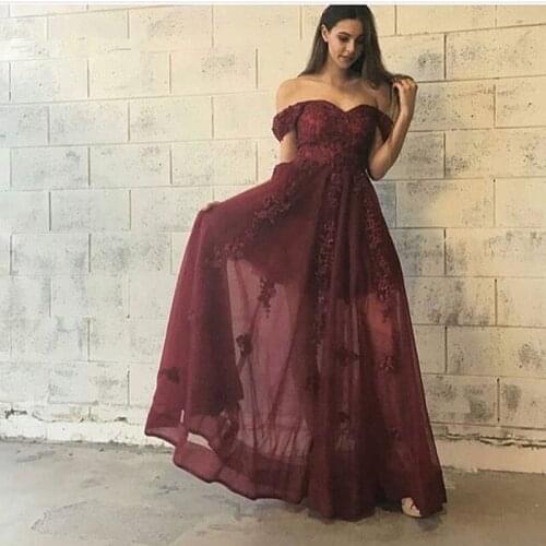 Burgundy Muslim Evening Dresses A-line Off The Shoulder Tulle Appliques Dubai Saudi Arabic Long Evening Gown Prom Dress