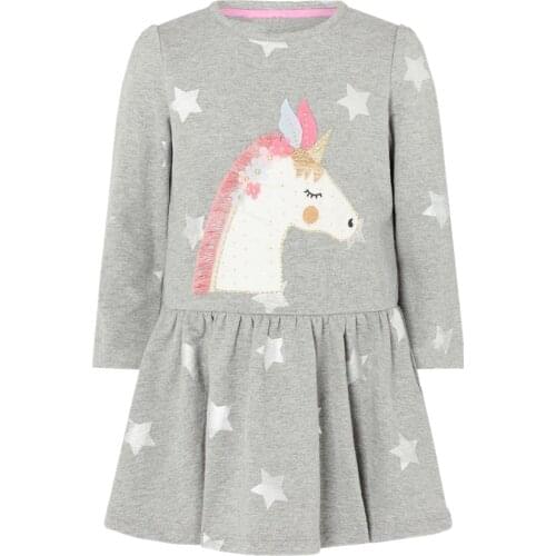 Jumping Meters Long Sleeve Grey Unicorn Princess Girls Dresses Cotton Stars Childrens 2-7T Clothes Fashion Party Frocks