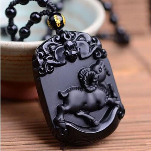 Natural Black Obsidian Pendant Carved Chinese Zodiac Sheep Pendant Bead Necklace Lucky Amulet Men Womens Fashion Jades Jewelry