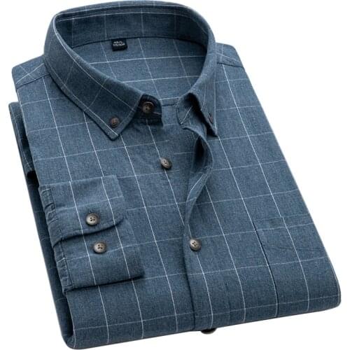 Aoliwen Autumn Oxford Cloth Long Sleeve Shirts For Men 100% Cotton Business Casual Wrinkle Resistant Button Plaid Shirts 2021