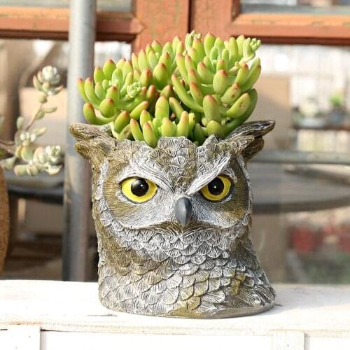 Resin Flower Pots Decorative Owl Head Shape Desktop Planter Flowerpots Cartoon Animal Desktop Crafts