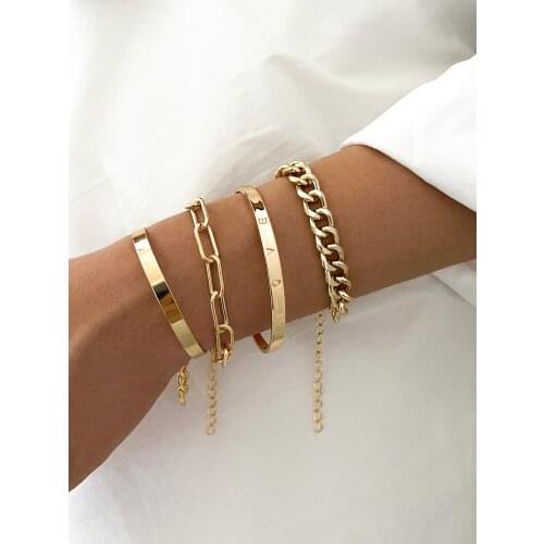 Stillgirl 4Pcs Punk Gold Chain Wrist Bracelet Set for Women Charms Vintage Kpop Couple EMO Fashion Jewelry Friend Pulseras Mujer
