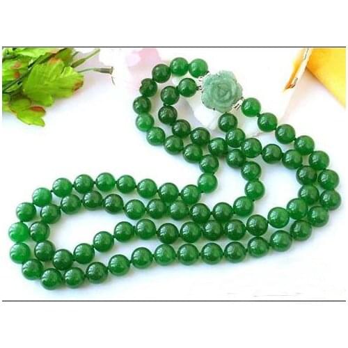 Unique Pearls jewellery Store 2row 14mm Round Green Jade Beads Gemstone Neckalace Fine Jewelry Women Gift