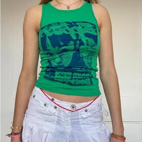 Female Camisole, Summer Portrait Print Round Neck Sleeveless Tops Vest for Women, Green/Blue/Red S/M/L