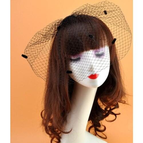 Womens Vinrage Elegant Wedding Fascinator Fishnet Mesh Veil Large Hole Small Plush Wave Point Solid Color Hair Clip Corsage