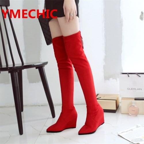 YMECHIC Black Red Brown Lace Up Thigh High Boots Flock Wedges Pointed Elegant Over Knee High Boots Female Winter Shoes 839