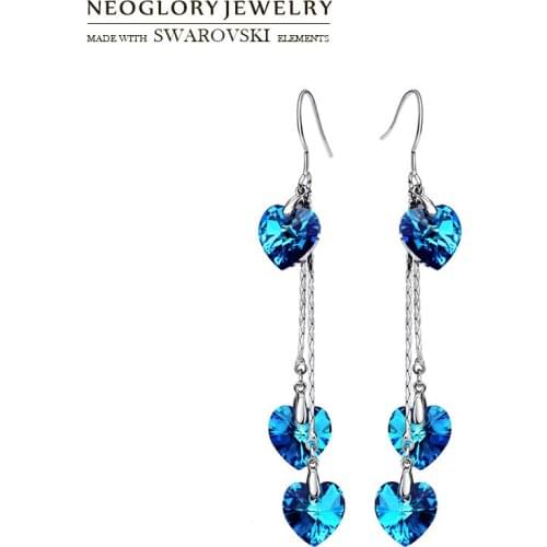 Neoglory Austria Crystal Long Drop Earrings Blue Heart Shaped Alloy Plated Romantic Fashion For Women Love Classic Gift