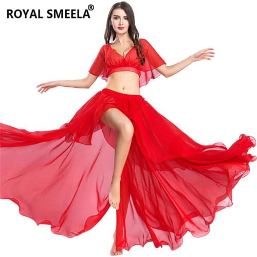 Cheap Womens belly dance costumes solid chiffon belly dancing tops skirts Indian dance costume practice clothing training wear