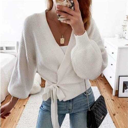 2021 New Women Sweaters Lace Up V Neck Cardigan Knit Tops Spring Fall Long Sleeve Casual Loose Knitwear Sweater Streetwear