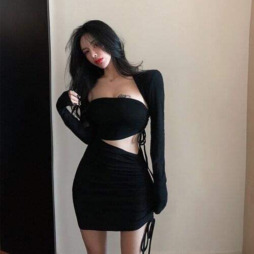 Hi Girl New Black Long Sleeve Dress Spring Tube Pleated Hollow Out Diablo Dress Slim Bodycon Gothic Sexy 2pcs Dress Vestidos