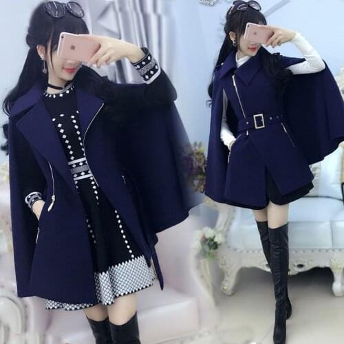 2021 Spring Autumn Women Coats Dark Blue British Zip Cloak Woolen Thick New Slim Handsome