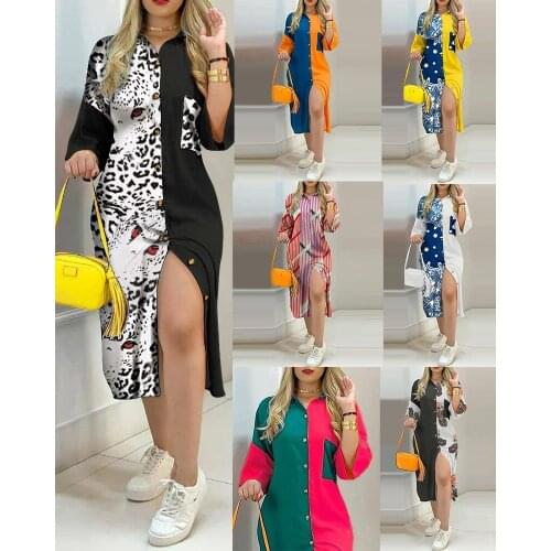 New Style Pocket Button Hit Color Dress Female Temperament Commuter Single-breasted Shirt Dress Long Dresses for Women