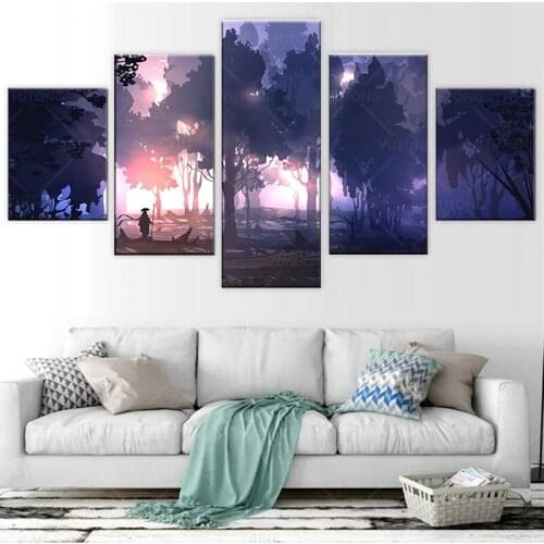 Canvas Wall Art Pictures Home Decor 5 Pieces Fantasy Forest Lake Ship Landscape Paintings HD Prints Abstract Anime Poster Frame