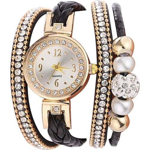 50%HOT Women Rhinestone Bead Round Dial Snap Button Multi Layer Bracelet Quartz Watch