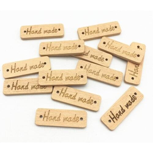 50pcs Natural/Black Wood "Handmade" Connectors Tag Label Rectangle Shaped Embellishments Ornaments Crafts With 2 Hole Buttons