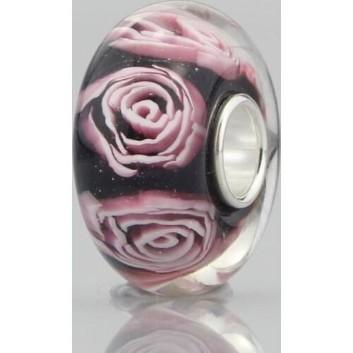 925 Sterling Silver Large Hole Pink Rose Flower Murano Glass Charm Bead Fit European Bracelet Jewelry