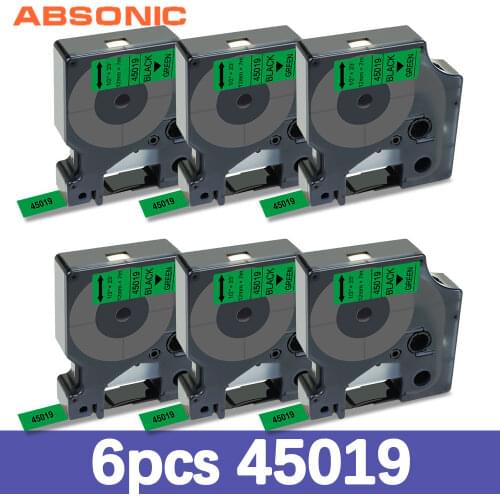 Absonic 6PK 12mm Compatible Dymo D1 Label Tapes 45019 Black on Green Compatible for Dymo Label Maker LM160 LM280 Dymo PNP Print