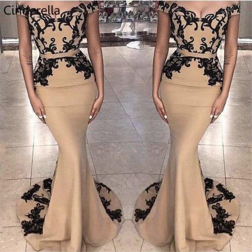 Cinderella Champagne V-Neck Off The Shoulder Sweep Train Lace Applique Mermaid Satin Evening Dresses vestidos de fiesta de noche