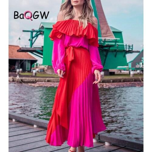 BaQGW Autum Women Color Block Slash Neck Long Dress Sexy Ladies Ruffle Off Shoulder Beach Maxi Dresses Vintage Party Vacation