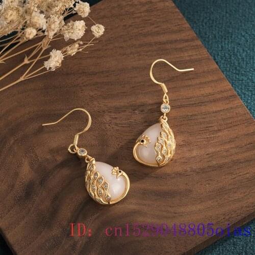 White Jade Peacock Earrings Amulet Women Charm 925 Silver Zircon Crystal Chalcedony Natural Gemstone Fashion Jewelry Gifts