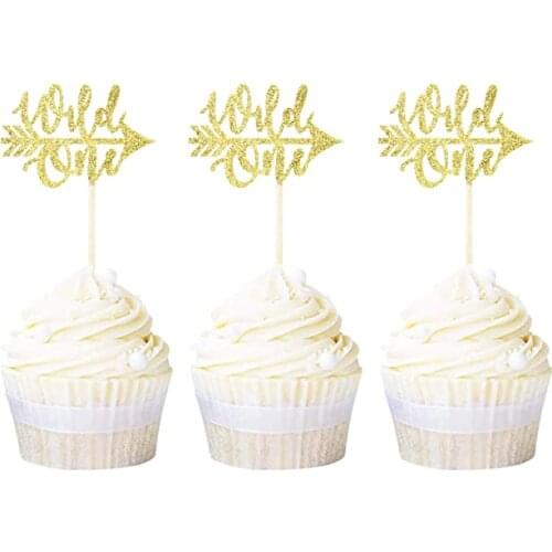 10pcs Glitter Gold Wild One Cupcake Toppers Baby 1st Birthday Cake Toppers for Baby Shower First Birthday Party Decorations