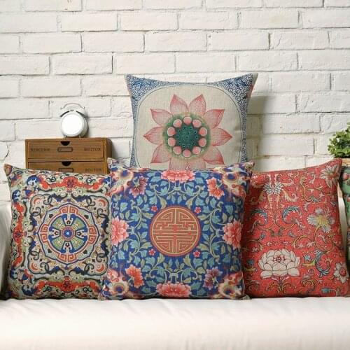 Chinese Nationality Flower Floral Cushion Retro Geometric Lotus Pillow Cover Decorative Home Decoration Sofa Pillowcase 18x18
