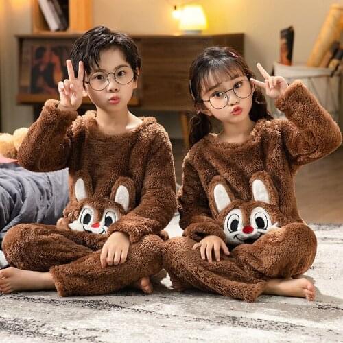 Kids Christmas Cartoon Plush Pyjamas Set Pajamas For Girls Winter Warm Flannel Long Sleeve Sleepwear Suit Boys New Year Homewear