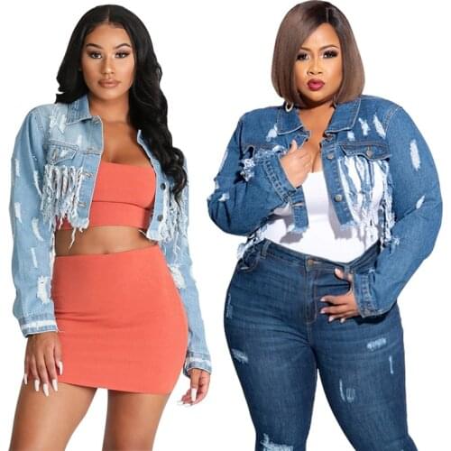 FNOCE 2020 womens ripped jean jackets large size sexy fashion long sleeve hole hollow out tassel slim Extra Short denim coats