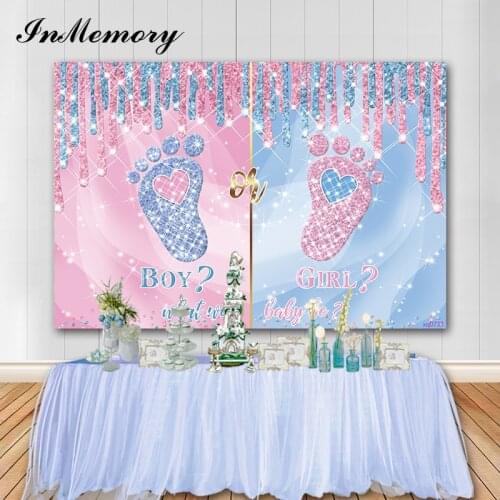 InMemory Boy Girl Gender Reveal Backdrops Newborn Photography Props Glitter Little Feet Baby Shower Photo Backgrounds Photocall