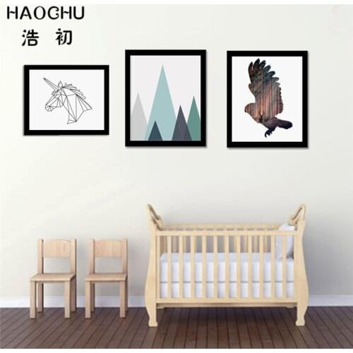 HAOCHU Modern Nordic Geometric Animals Unicorn Deer Abstract Landscape Art Canvas Painting Wall Posters For Kids Room Home Decor