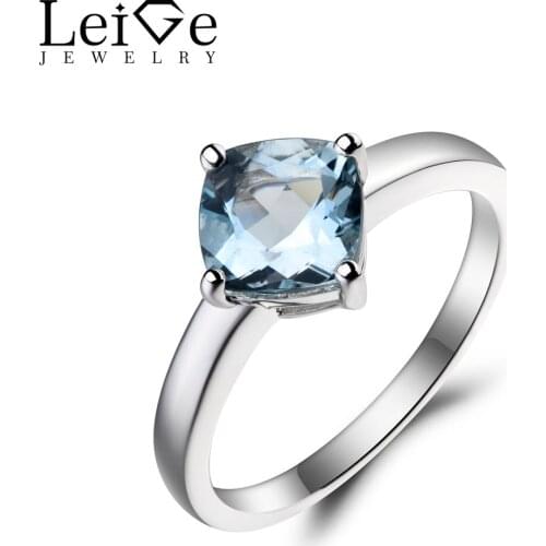 Leige Jewelry Anniversary Ring Natural Aquamarine Ring March Birthstone Cushion Cut Gemstone 925 Sterling Silver Solitaire Ring