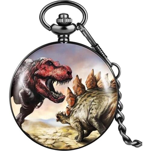 Dinosaur Roar Round Quartz Pocket Watch Male Portable Thick Chain Pendant Watch Smooth and Durable Black Case boy New Year Gifts