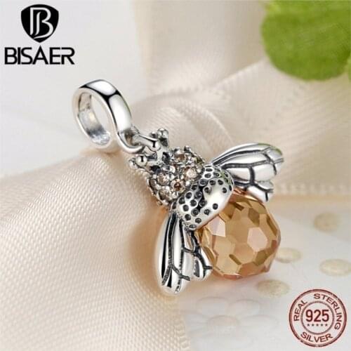 Hot Sale Real 925 Sterling Silver Orange Dancing Bee Pendants Fit BISAER Bracelet Necklace for Women Wedding Accessories ECC035