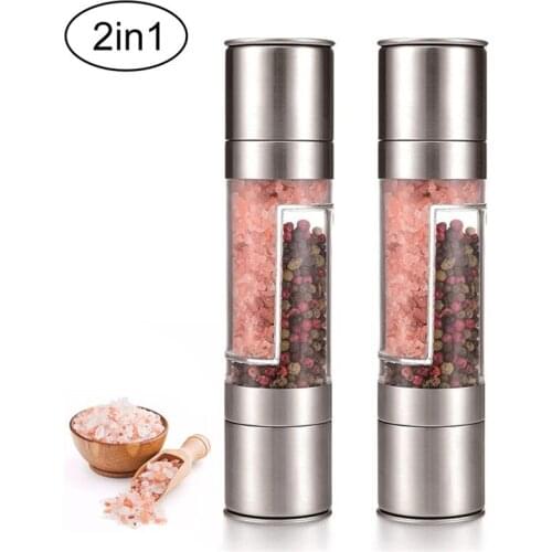 2Pcs 2 In 1 Pepper Mill Manual Salt and Pepper Grinder Set with Adjustable Stainless Steel Ceramic Grinding Spice Grinder