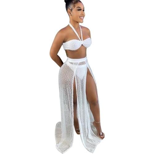 Fashion Polka Dot Mesh Skirt + Halter Sling Skirt Sexy Three-piece Suit Women Matching Set Skirt And Crop Top Night Clubwear Set