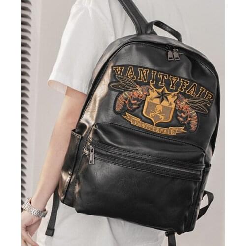 Fashion School Backpack Men Bag Large Capacity Travel Backpack Leather Embroidery Backpacks Black Bagpack Mochila Para Hombre